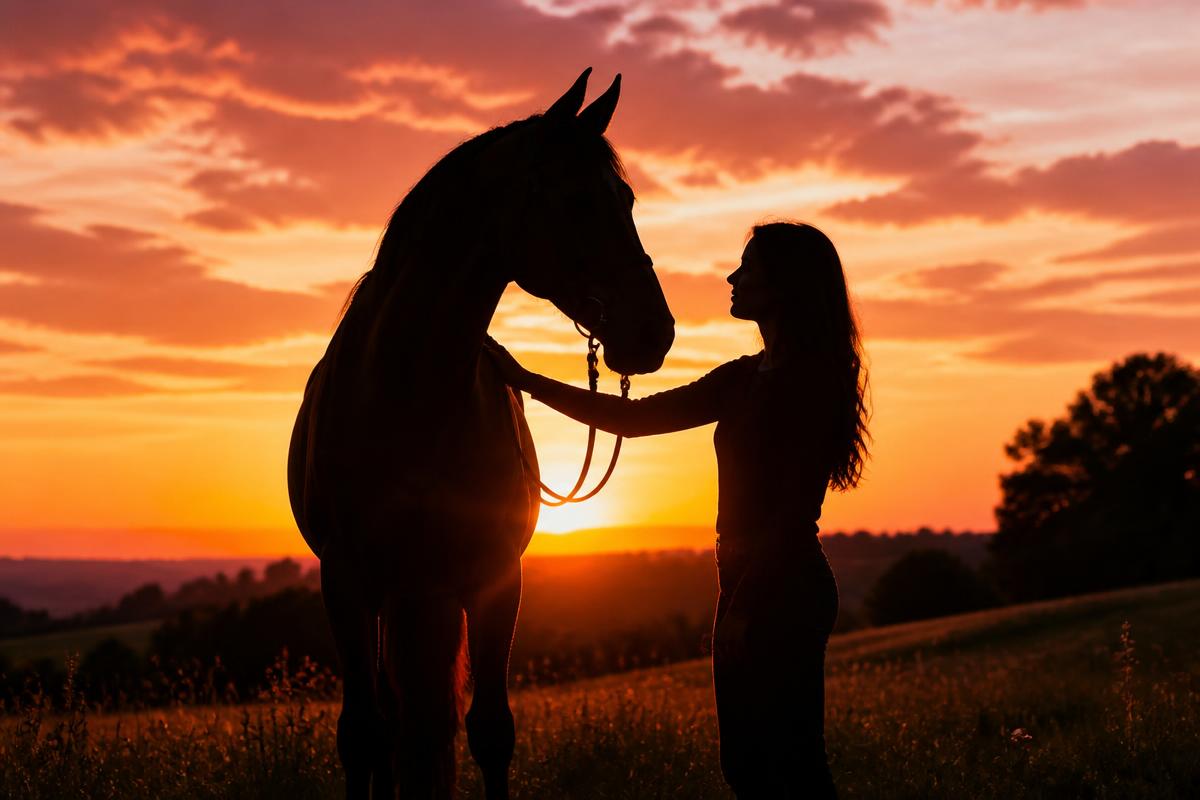 Silhouette of a woman and horse against a golden sunset
