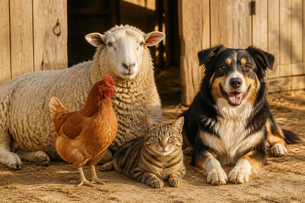 A sheep, chicken, cat, and dog resting together in a sunny barnyard