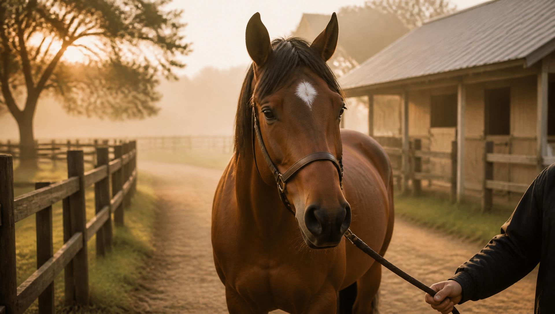 A calm horse with a trainer at dawn on a quiet farm